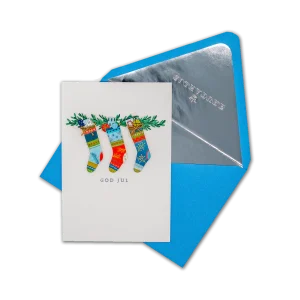 Julkort, Dubbelt kort med 3D effekt på utsida, Julstrumpor