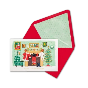 Julkort, Dubbelt kort med 3D effekt på utsida, Tomtekläder vid öppna spisen
