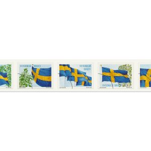 Del av rulle, Svenska flaggan 2026, fem olika frimärken för inrikes brev