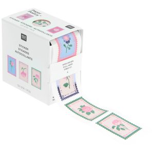 Stickers på rulle, 120 st rosa och pastell frimärken med folie tryck